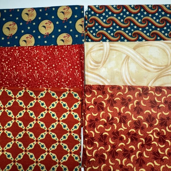 6 Fat Quarters Repro Prints Browns Tans Blue #17 - Picture 3 of 3